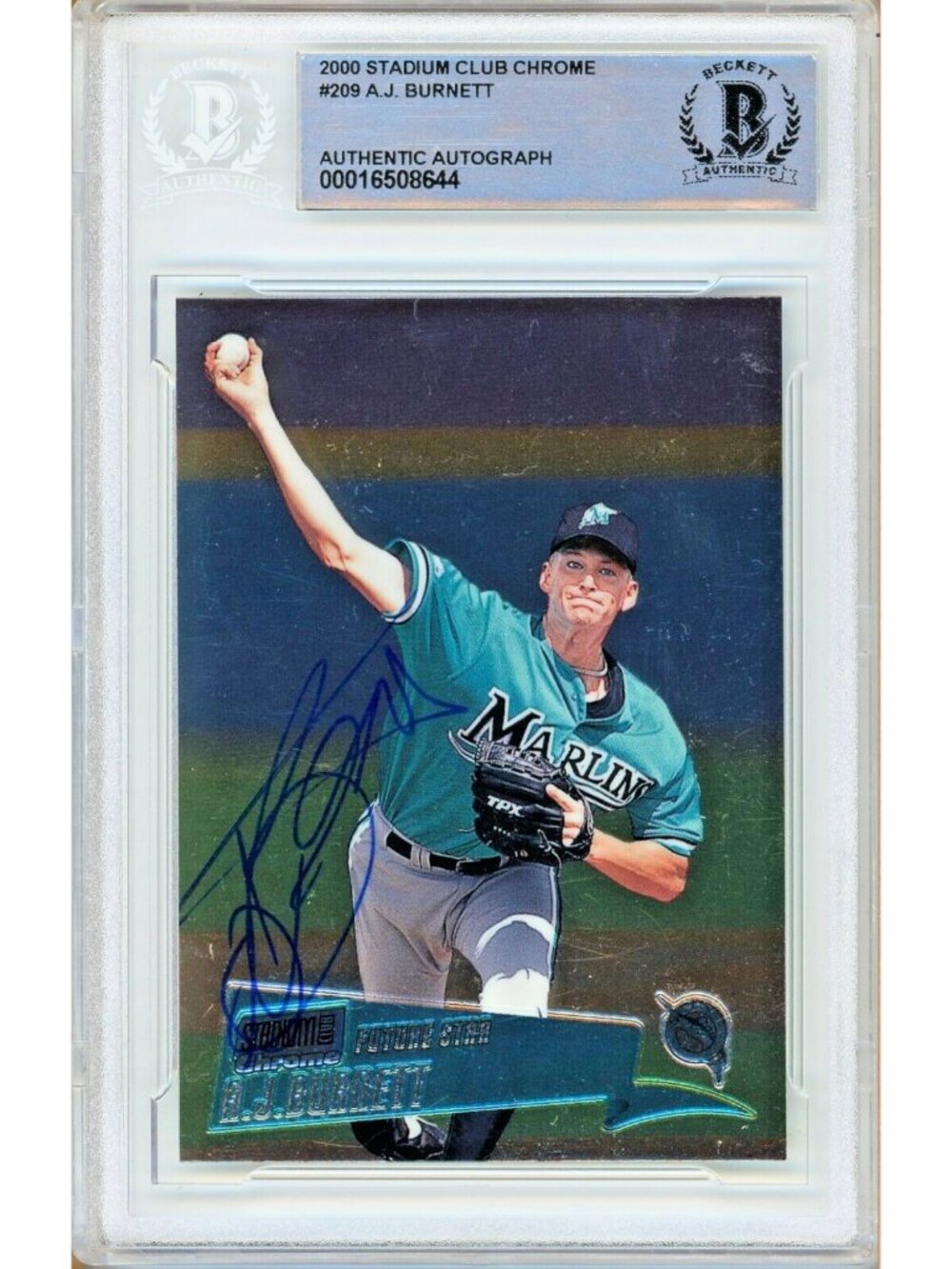 AJ Burnett Signed 2000 Stadium Club Chrome #216 Marlins Baseball Card BAS Slab